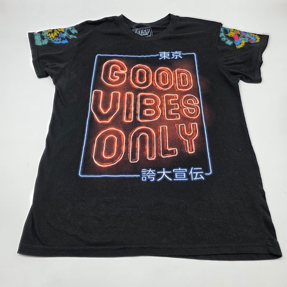 Skater Fresh Laundry Graphic Tee Mens Medium Black Good Vibes Only Dragon Sleeve